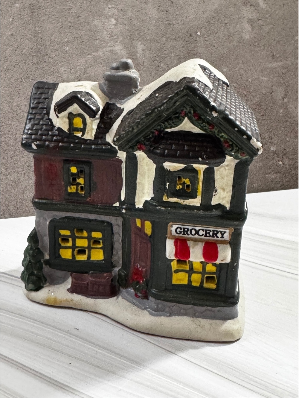 Christmas Village Grocery Store Ceramic Snowy Holiday House Figurine Decor